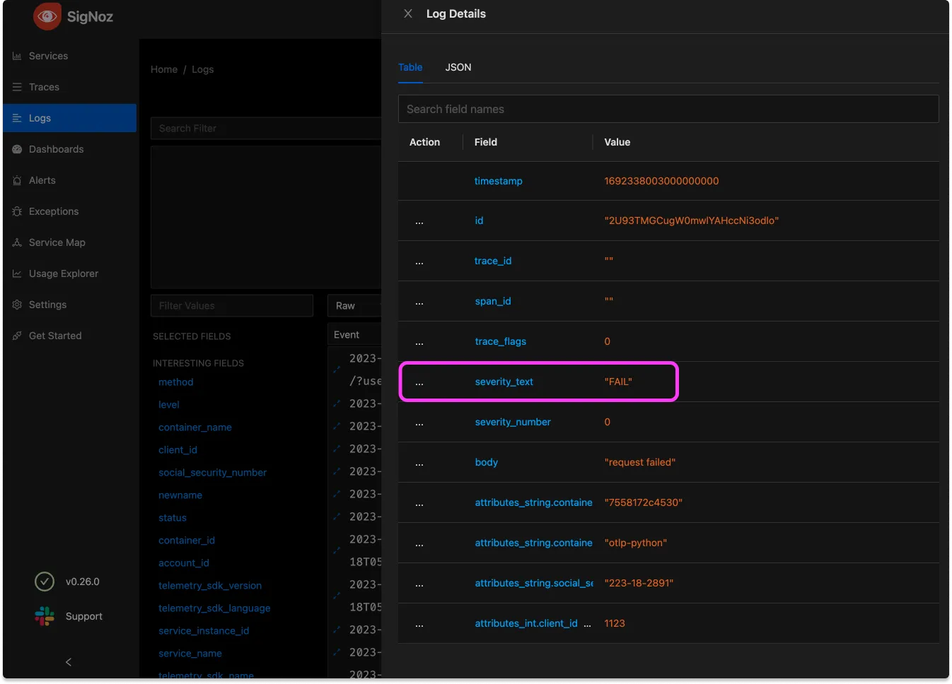 severity text in the log attributes