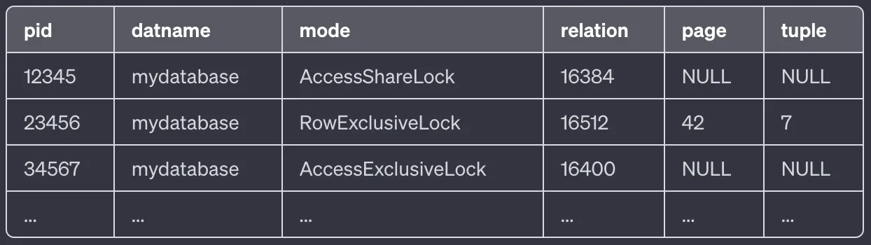 Sample output for query on pg_locks and pg_stat_activity