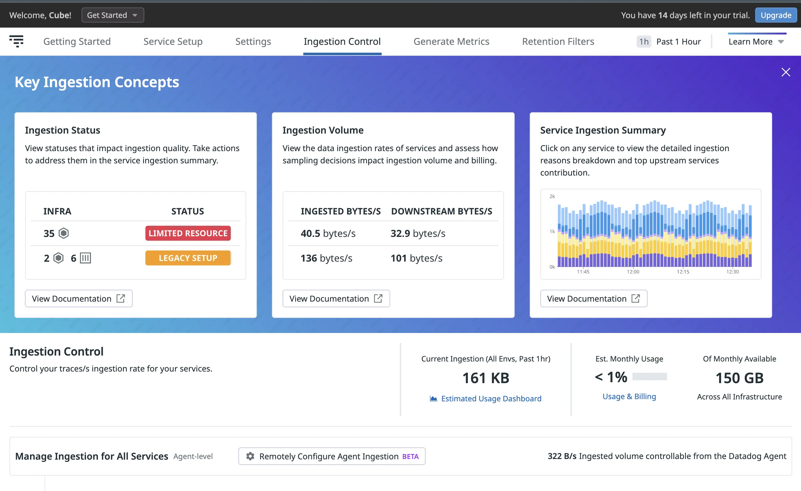 Datadog's onboarding tab