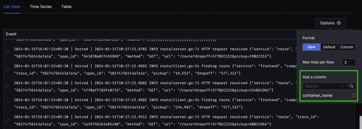 Add log attributes in the Raw view of logs