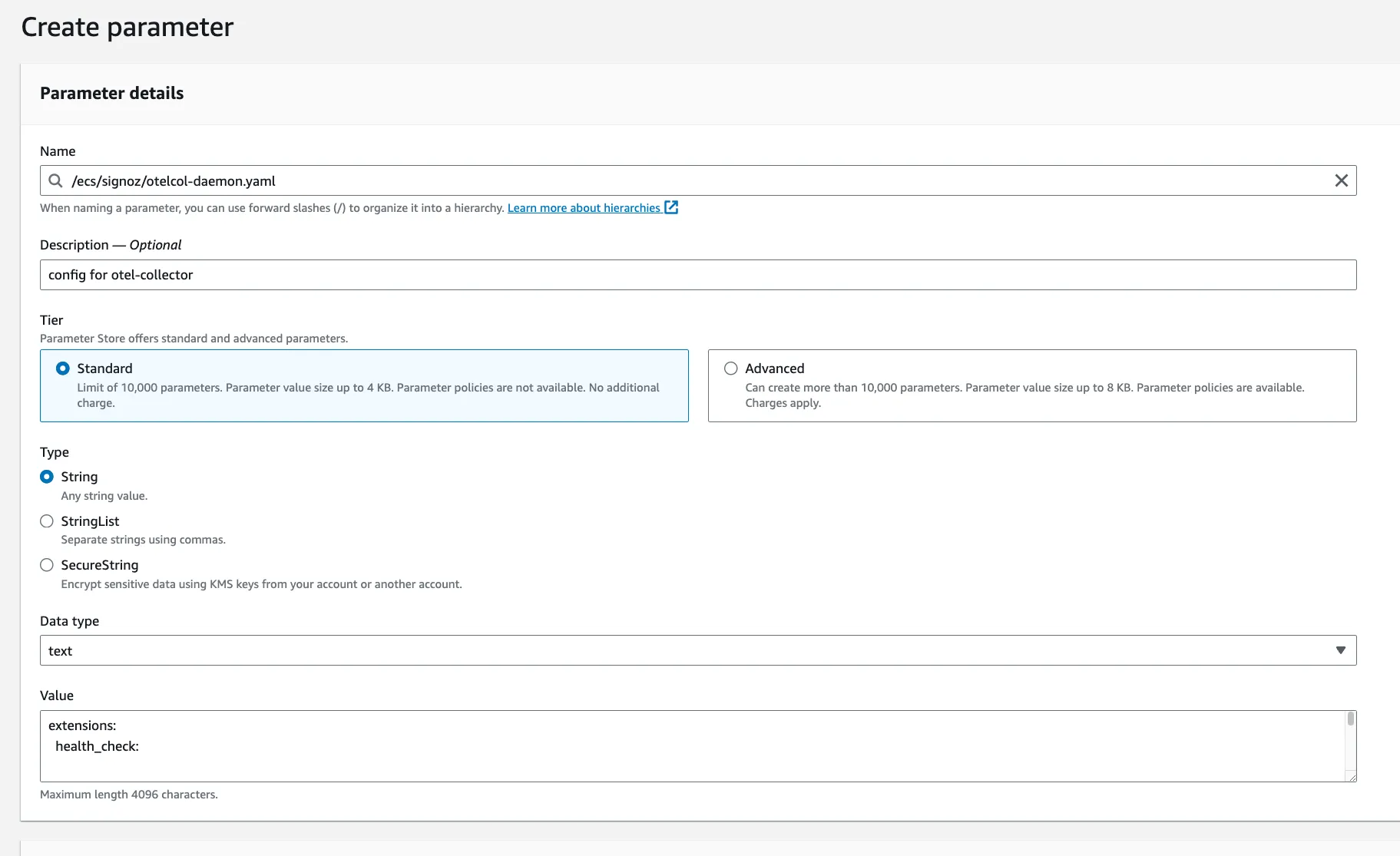 otelcol-daeomn parameter in AWS Parameter Store